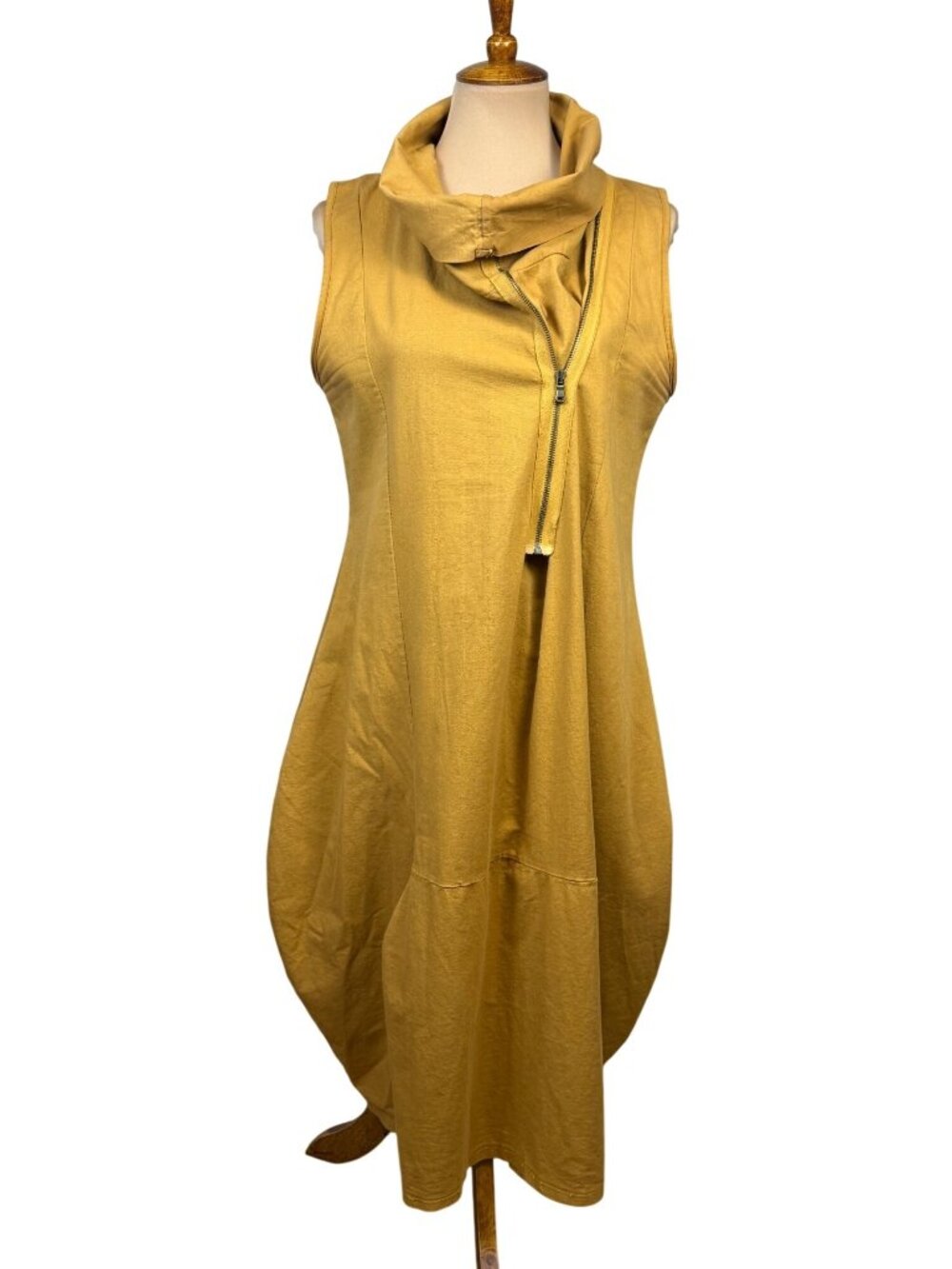 Made In Italy Lagenlook 100% Cotton Mustard Cocoon Dress Cowl Neck Asymmetrical